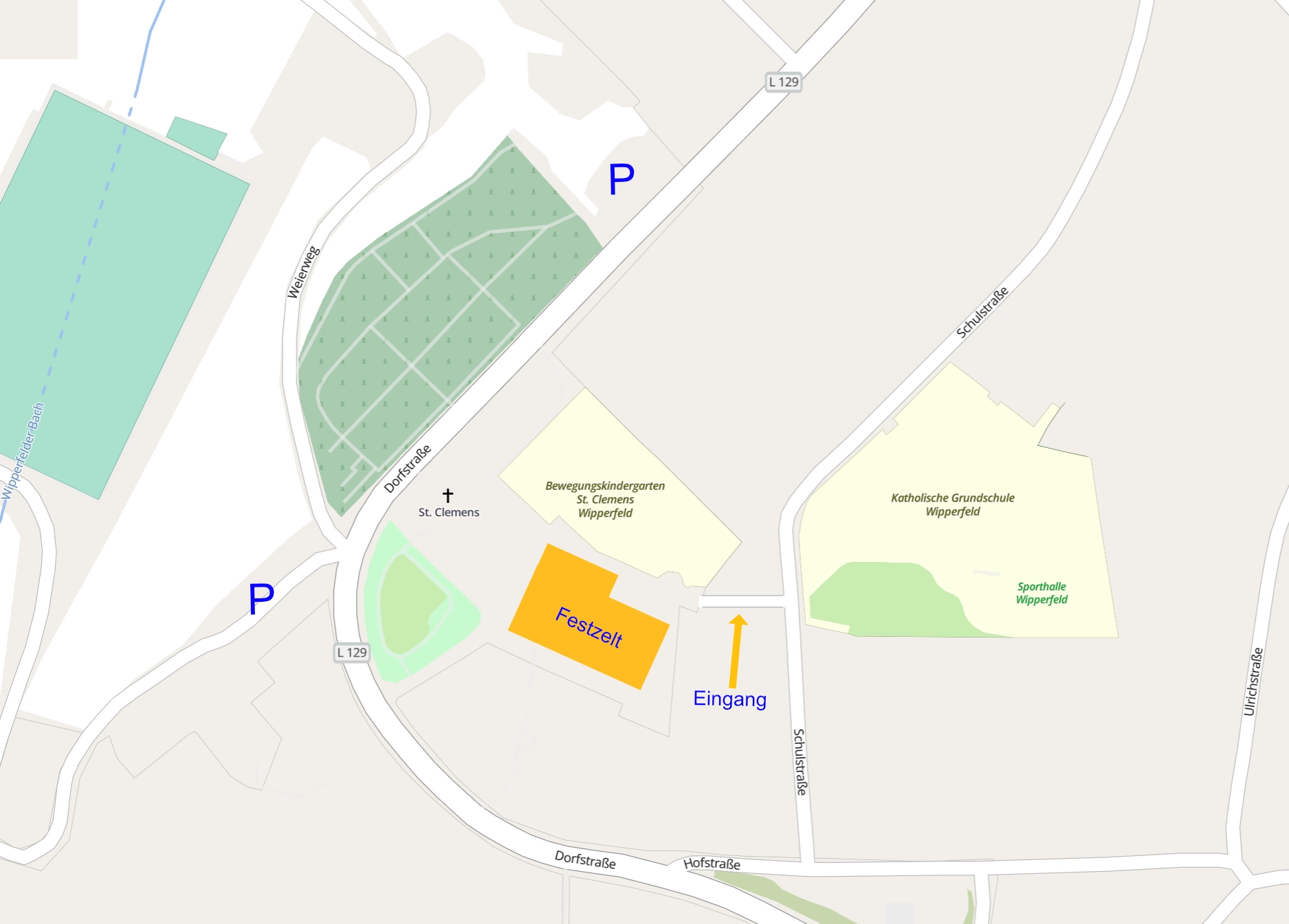 Lageplan Festgelände Wipperfelder Wiesn mit Parkplätzen und Eingang